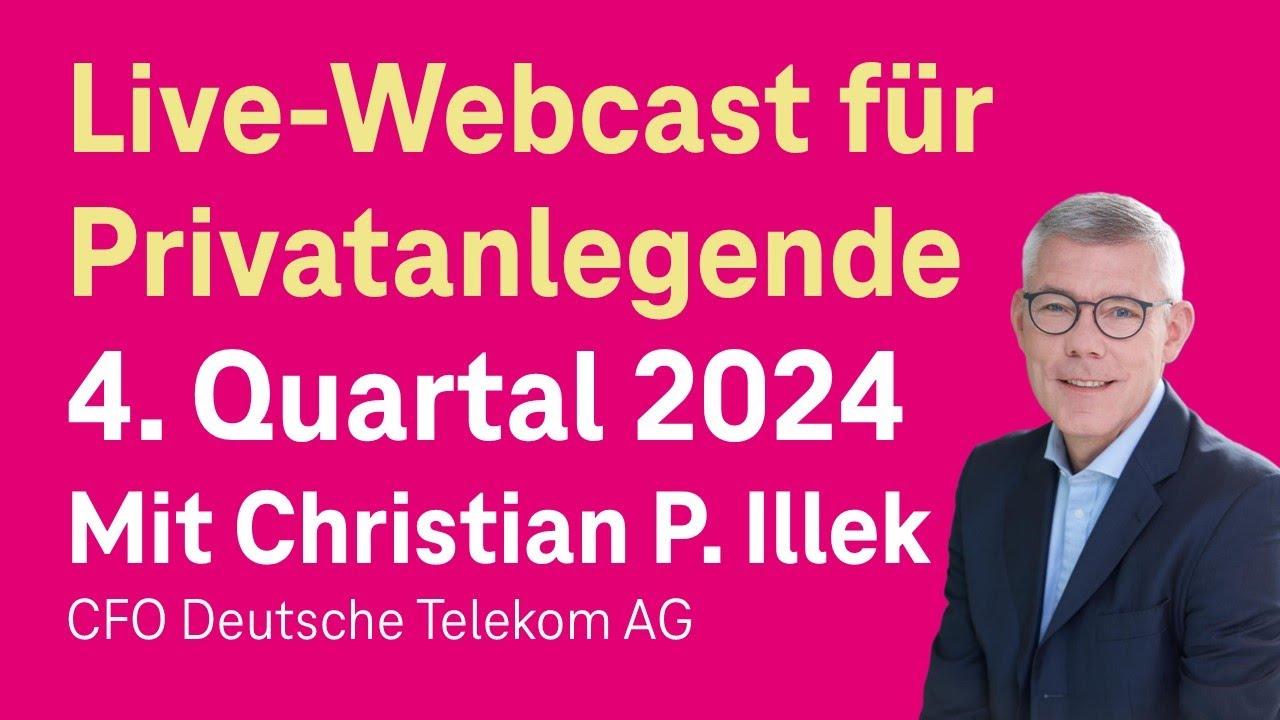 Titelgrafik des Webcasts in Magenta: Schriftzug „Live-Webcast für Privatanlegende, 4. Quartal 2024“ neben dem Portrait von CFO Christian P. Illek